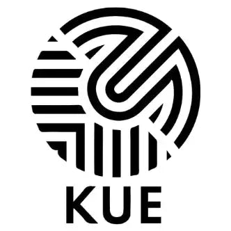 Black circular logo with stylized interwoven lines and the text ’kue’ below it.