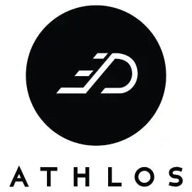 Black circular logo with a stylized white ’a’ and ’d’ intertwined, featuring the brand name ’athlos’ in bold black letters beneath it.