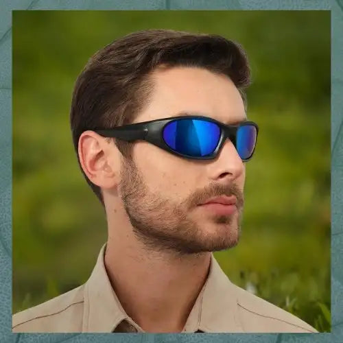 Black-framed sunglasses with vibrant blue mirrored lenses.