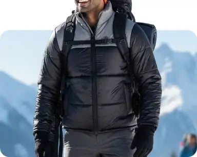 Black puffer jacket with quilted design and gray inner lining.