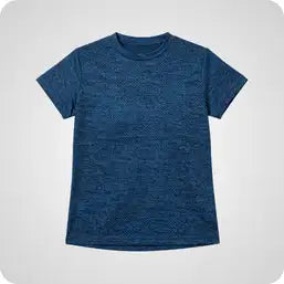 Blue heathered short-sleeved t-shirt with a crew neck.