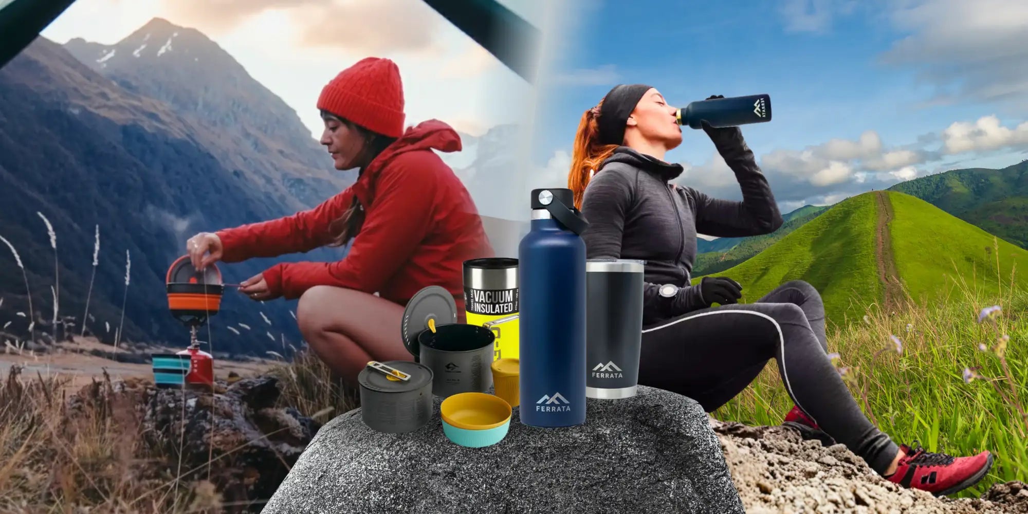 Blue insulated water bottle with a black lid and silver logo on the side