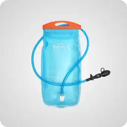 Blue translucent hydration bladder with orange cap and black drinking nozzle.