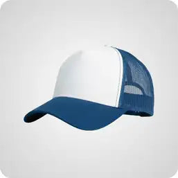 Blue and white trucker-style cap with a mesh back.