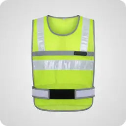 Bright yellow high-visibility safety vest with reflective silver stripes and black belt buckle.