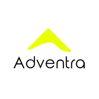 Bright yellow triangular logo with the word ’adventra’ in black text beneath it.