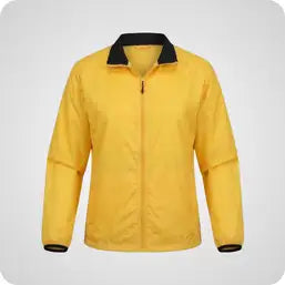 Bright yellow waterproof jacket with black collar and cuffs.