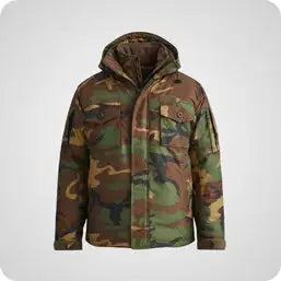 Camouflage-patterned winter jacket with hood and multiple pockets.