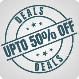 A circular, distressed dark gray stamp design with the words ’deals’ and ’upto 50% off’ in bold uppercase letters.