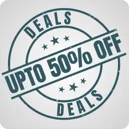 A circular, distressed teal stamp with the words ’deals’ and ’upto 50% off’ in bold black lettering.