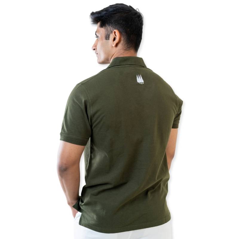 Green Clawear Bandhavgarh men's polo T-shirt with a classic collar and short sleeves, displayed on a hanger.