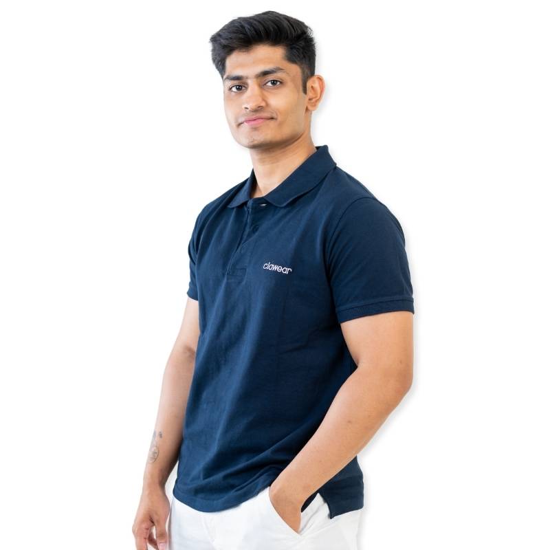 Blue Clawear Bandhavgarh men's polo T-shirt with a classic collar and short sleeves, displayed on a hanger.