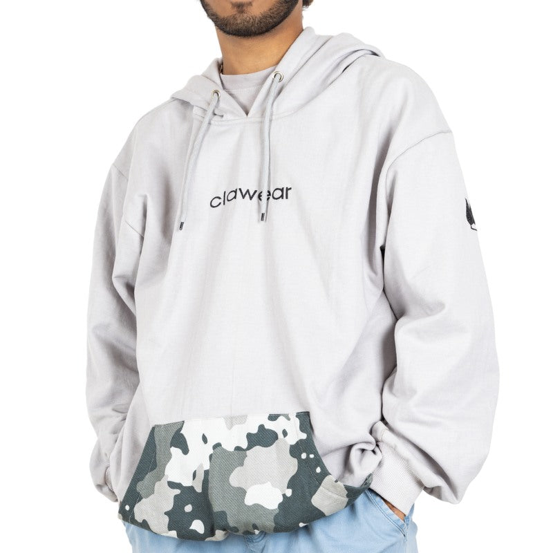 Gray Clawear Men's Himalayan Hoodie displayed on a hanger with a front view showing the hoodie’s design and fabric texture.