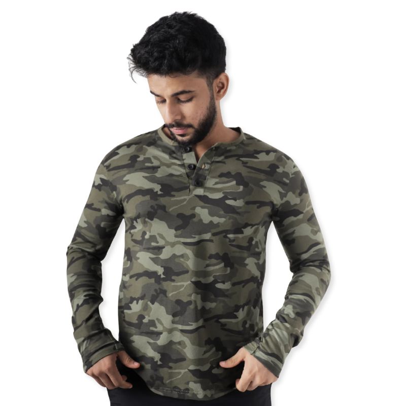 Clawear Men’s Jhalana Full Sleeves Round Neck Tshirt - Green-Camo / S - T-shirt