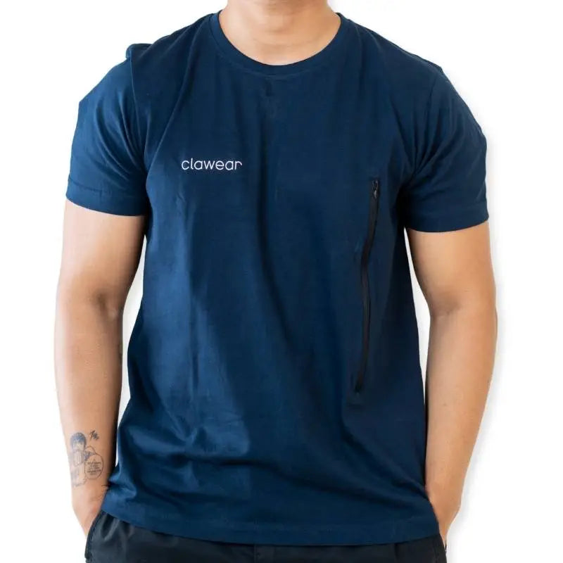 Clawear men's Jhalana T-shirt with side zip, blue color, casual fit, featuring a modern design and short sleeves.