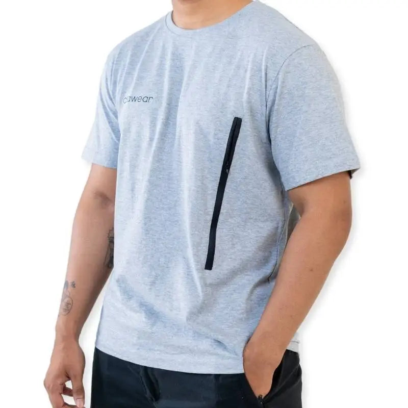 Clawear men's Jhalana T-shirt with side zip, gray color, crew neck, and short sleeves, displayed on a plain background.