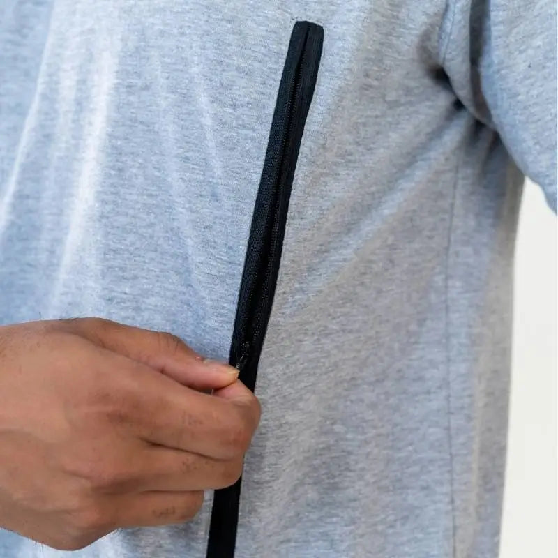 Clawear Men's Jhalana T-shirt with side zip, casual fit, gray color, and crew neck, displayed on a white background.