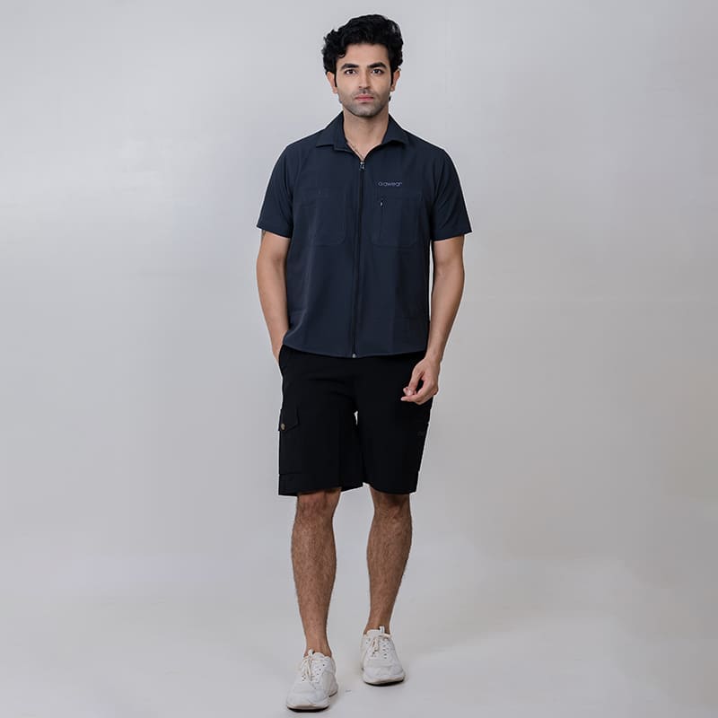 Black Clawear Men's Mara Cargo Shorts laid flat showing multiple pockets and relaxed fit, ideal for casual outdoor wear.