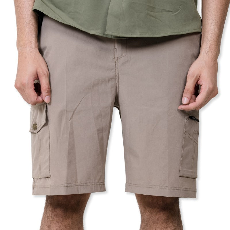 Clawear Men's Mara cargo shorts in khaki color, featuring multiple pockets and a relaxed fit, displayed on a hanger.