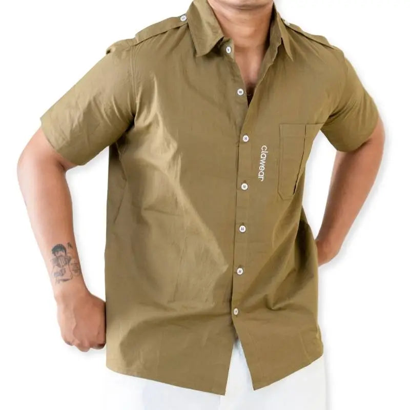 Clawear men's Ranthambore half sleeve shirt in brown fabric with a button-up front and collar, displayed on a hanger.