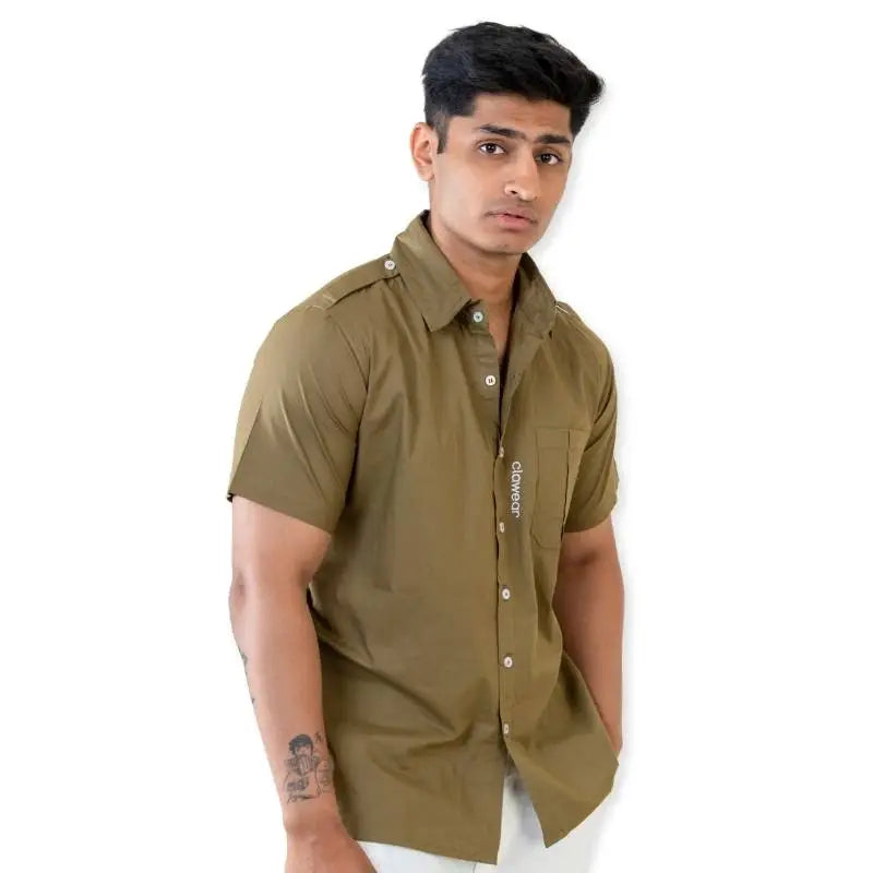 Clawear men's Ranthambore half sleeve shirt in brown fabric, featuring a casual collar and button-down front.