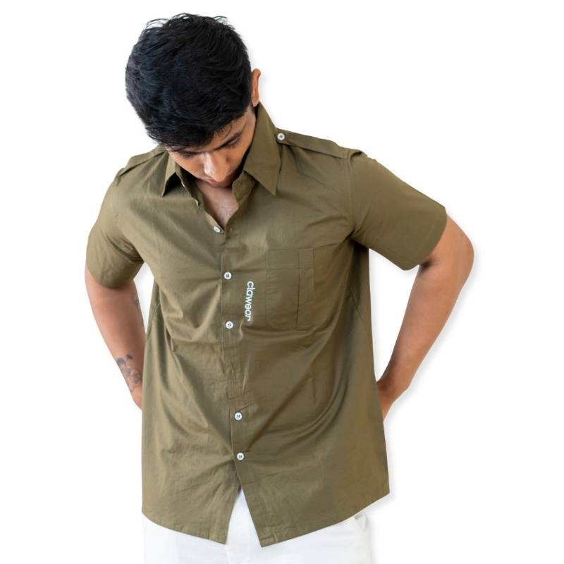 Green Clawear men's Ranthambore half sleeve shirt with a casual fit and button-up front, displayed on a hanger.