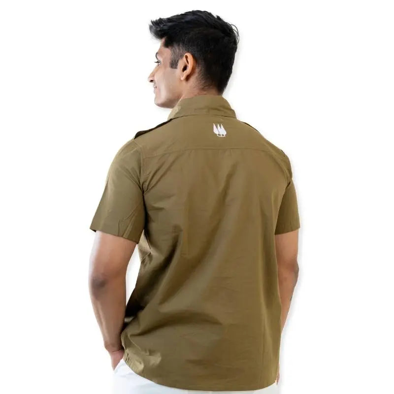 Clawear men's Ranthambore half sleeve shirt in brown fabric with a button-up collar and chest pocket.