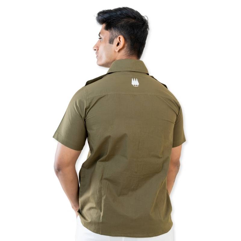 Green Clawear Men's Ranthambore half sleeve shirt with a button-up front and collar, displayed on a hanger.