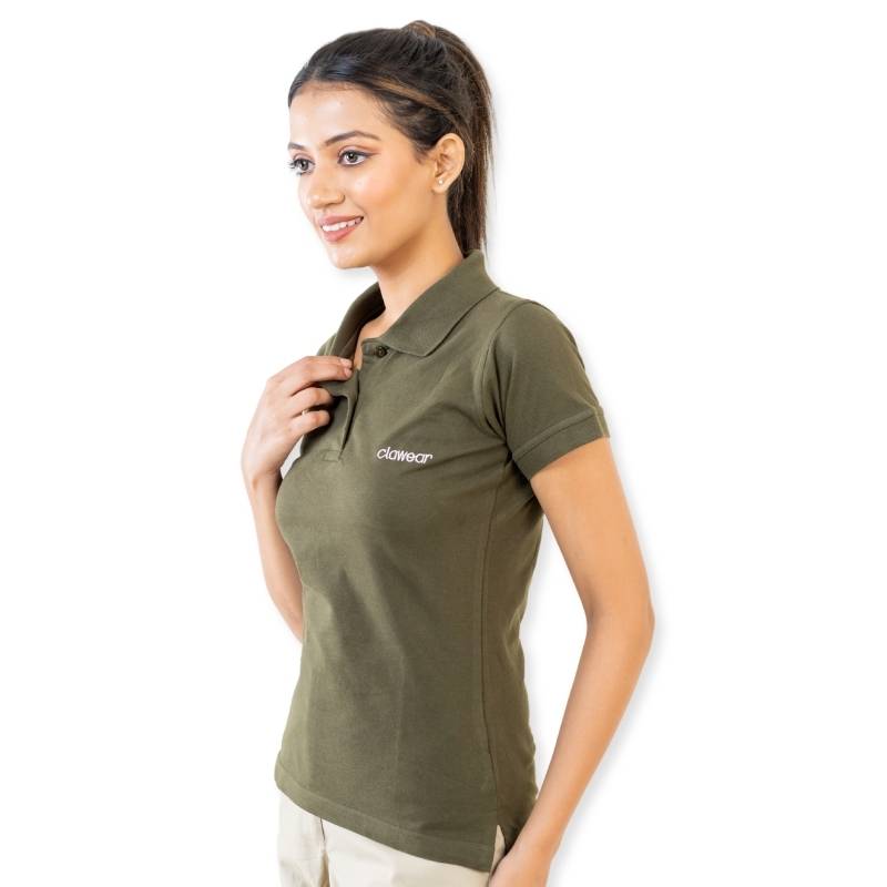 Green Clawear Women's Jawai Polo T-shirt with a classic polo collar and short sleeves, displayed on a white background.