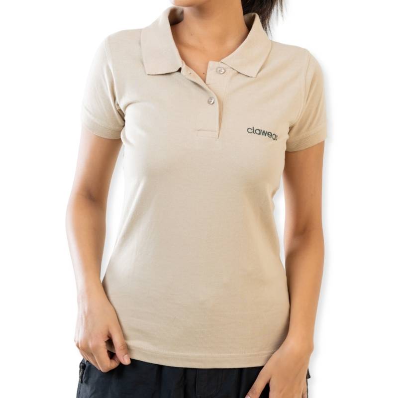 Clawear Women's Jawai Polo T-shirt in navy with collar and short sleeves, displayed on a hanger.