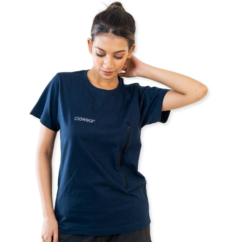 Clawear Women's Jhalana T-shirt with side zip in blue, casual fit, soft fabric, and stylish design.