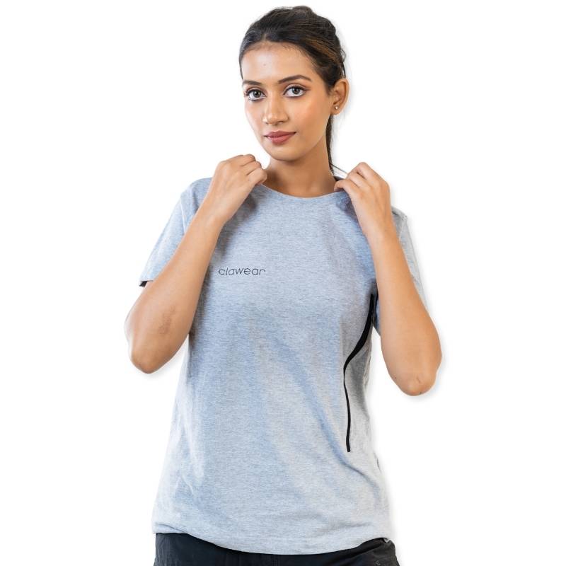 Clawear Women's Jhalana T-shirt with side zipper, casual fit, soft fabric, and stylish design in a light grey color.