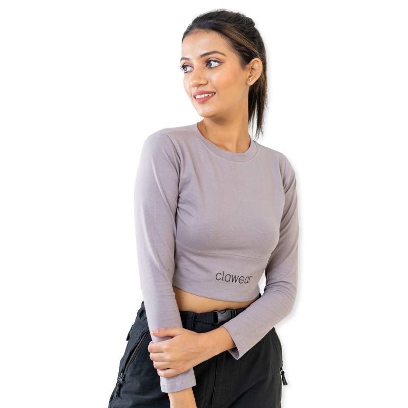 Clawear Women's Kabini Crop Top with full sleeves, black T-shirt featuring a stylish, fitted design and round neckline.