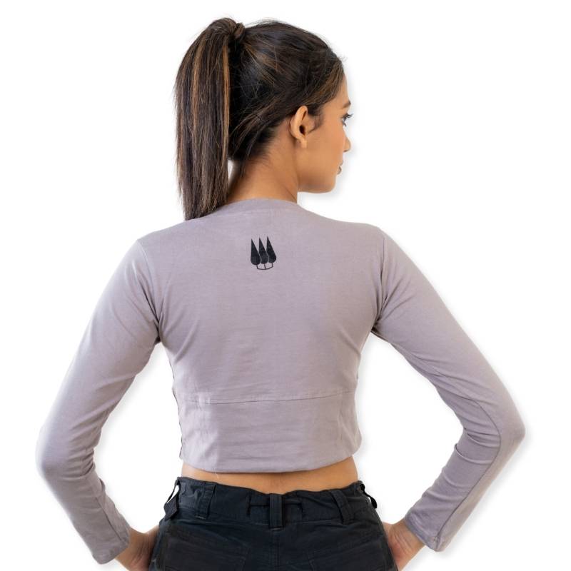 Clawear Women's Kabini crop top T-shirt with full sleeves in grey, casual fit, soft fabric, and stylish design.