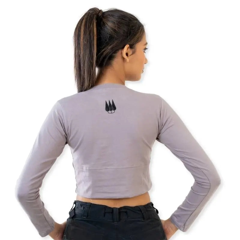 Clawear Women's Kabini crop top T-shirt with full sleeves in grey, casual fit, soft fabric, and stylish design.