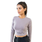 Clawear Women's Kabini crop top T-shirt with full sleeves in grey, featuring a fitted style and round neckline.