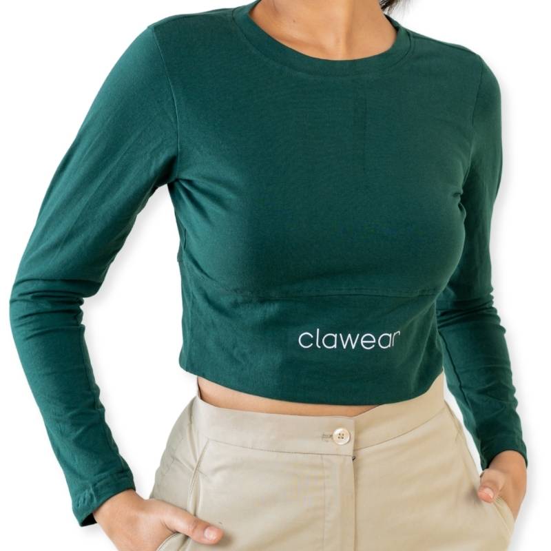 Green Clawear Women's Kabini Crop Top with full sleeves, casual T-shirt style, made for comfortable everyday wear.