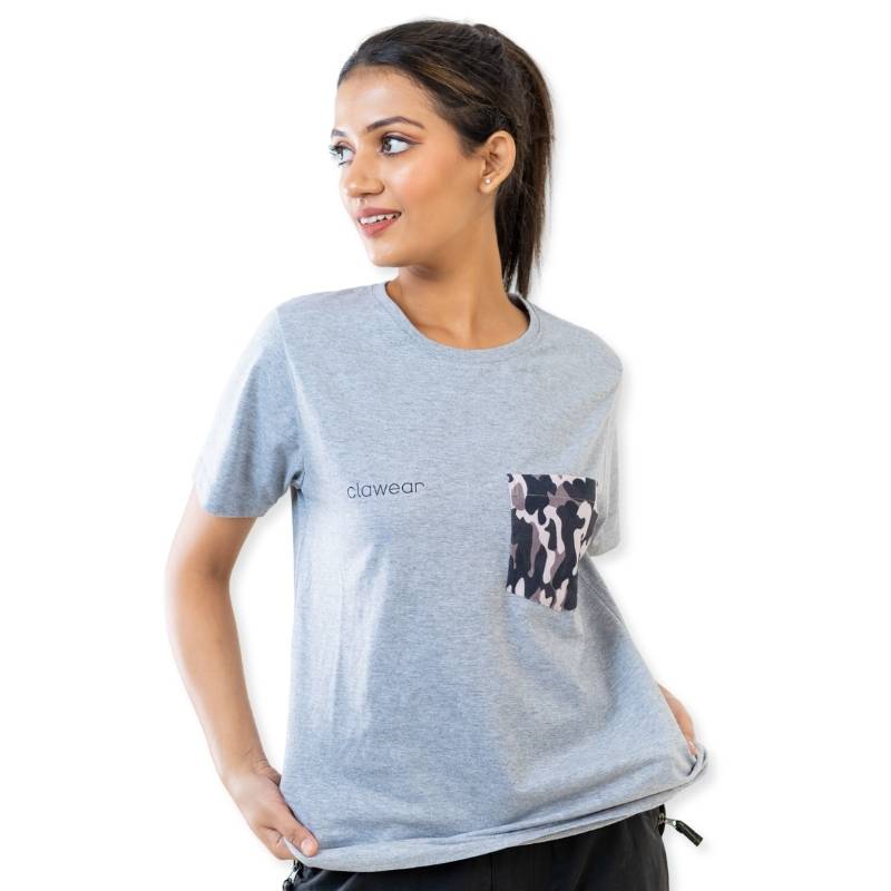 Clawear Women's Kaziranga T-shirt with pocket, casual fit, lightweight fabric, in grey color, displayed flat on a white background.