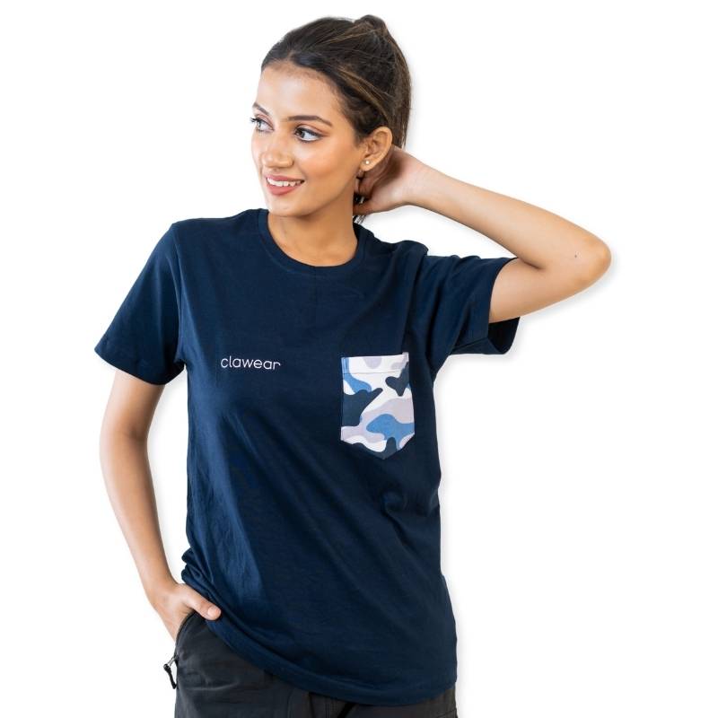 Blue Clawear Women's Kaziranga T-shirt with front pocket, casual fit and comfortable cotton fabric.
