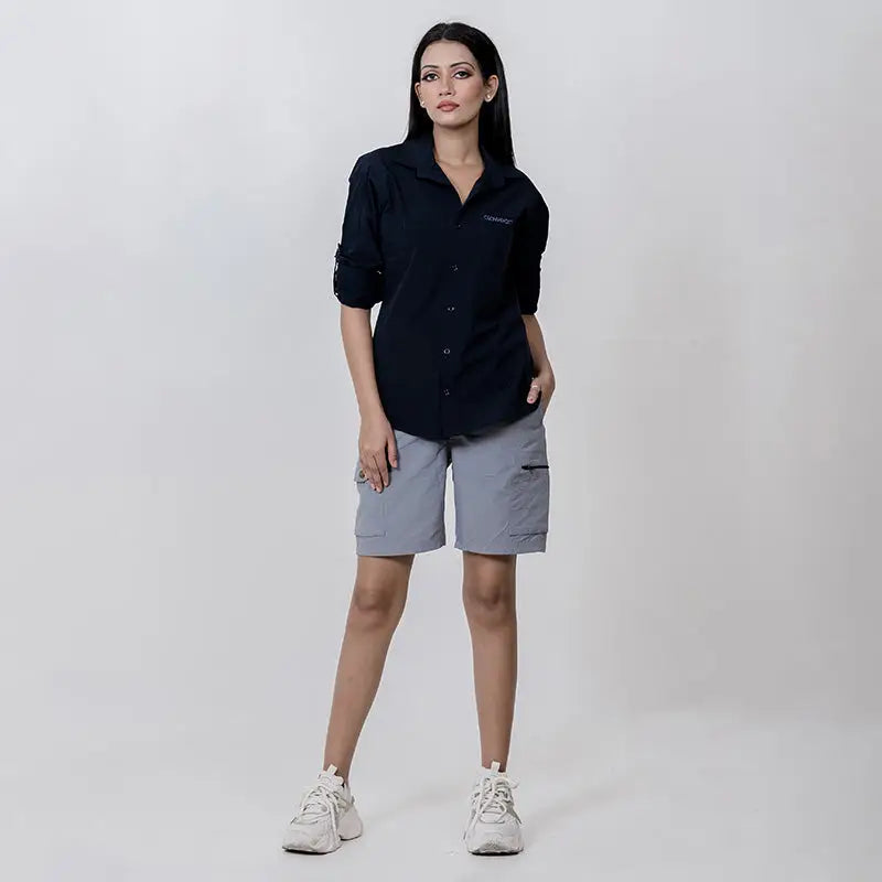 Clawear Women's Mara Cargo Shorts in gray, featuring multiple pockets and relaxed fit, suitable for casual outdoor wear.