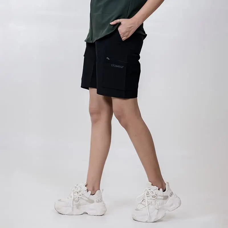 Black Clawear Women's Mara Cargo Shorts with multiple pockets and relaxed fit, displayed on a neutral background.