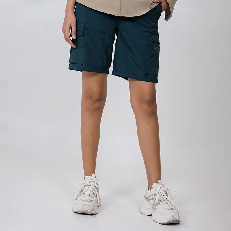 Clawear Women's Mara Cargo Shorts in green, featuring multiple pockets and a relaxed fit, displayed on a plain background.