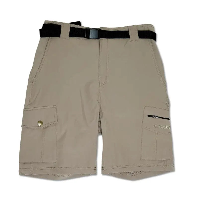 Clawear Women's Mara Cargo Shorts shown in beige with multiple pockets and relaxed fit, suitable for casual wear.