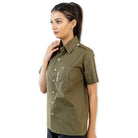 Clawear Women's Ranthambore half sleeve shirt in green, casual button-up style, featuring a collar and front pocket.