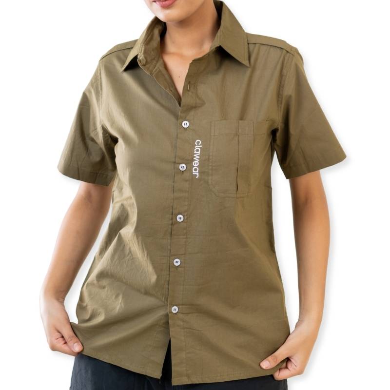 Clawear Women's Ranthambore half sleeve shirt in brown, casual fit with button-front design and collar, displayed on a hanger.