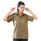 Clawear Women's Ranthambore half sleeve shirt in brown, lightweight casual shirt with button front and collar.