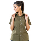 Clawear Women's Ranthambore half sleeve shirt in green, casual fit with button front and collar, suitable for outdoor or everyday wear.