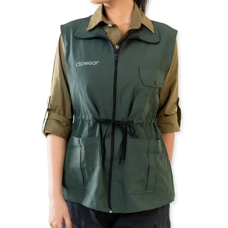 Clawear Women's Sundarbans utility vest jacket in green with multiple pockets and adjustable straps, casual outdoor wear.