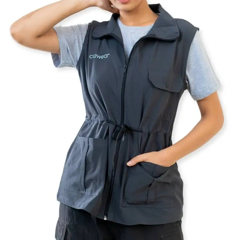Clawear Women's Sundarbans Utility Vest jacket in gray, featuring multiple pockets and rugged design for outdoor use.