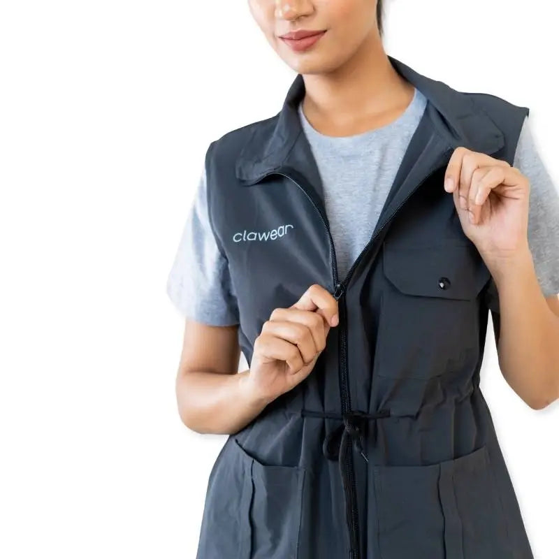 Clawear Women's Sundarbans Utility Vest jacket in grey with multiple pockets, designed for practical outdoor wear.